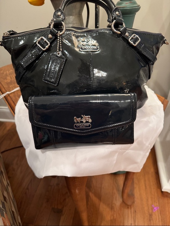 Coach Handbags - Coach Dark Blue Patent Leather Satchel with matching Wallet & Checkbook EUC